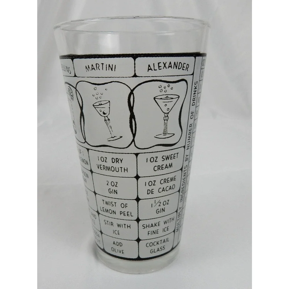 Vintage Glass Cocktail Recipe Pint Glass Bar Mixer Retro Clear + Frosted